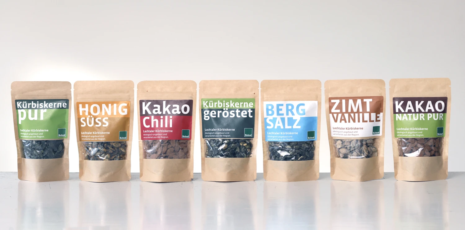 Lechtaler Kürbiskern, Packaging Design, Kürbiskerne veredelt